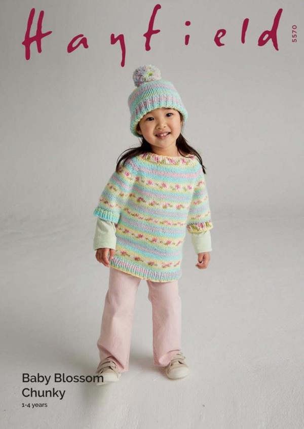 Hayfield Baby Blossom Chunky Knitting Pattern 5570, Ponchos, Headwear for Baby, Kids, 1 - 4 Years