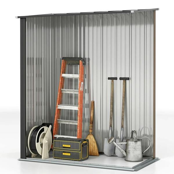Brown corrugated steel shed interior view with tools and ladder on floor