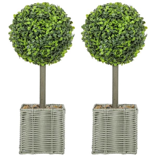 Set of 2 green faux boxwood topiary balls in woven plastic square pots with pebbles