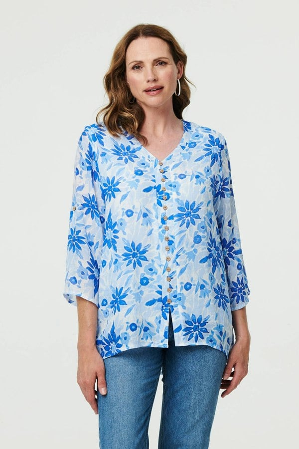 Blue | Floral Button Front Curve Hem Tunic

