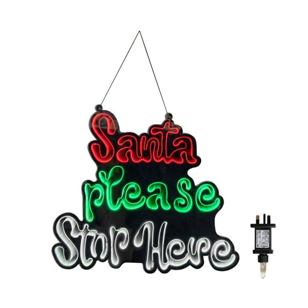 Samuel Alexander 40cm Light up Hanging Santa Stop Here Christmas Infinity Mirror Light with Multi-Coloured LEDs