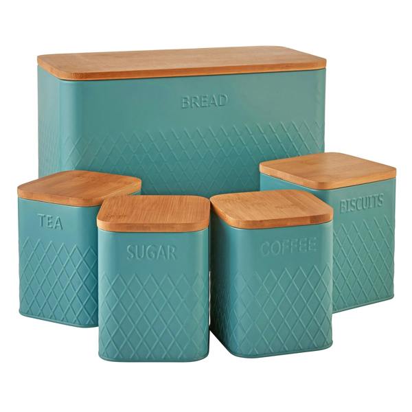 Cooks Professional 5 Piece Embossed Kitchen Storage Set with Bamboo Lids | Teal