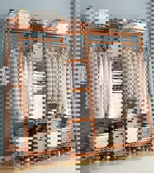 Modcraft Large Wooden Clothes Rail Rack – Heavy Duty Garment Stand Corner Open Wardrobe Shelf Organizer