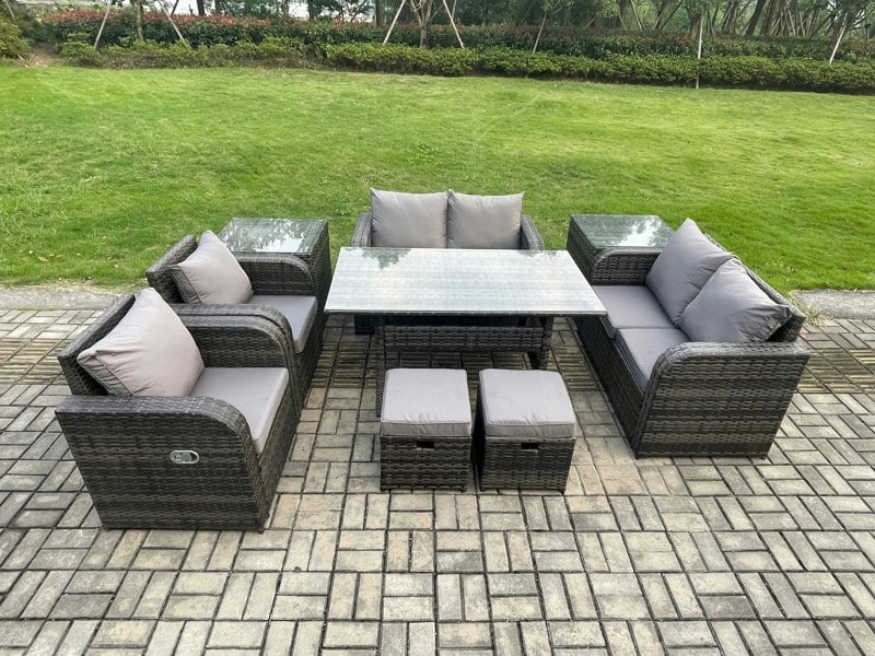 Fimous 8 Seater Grey Rattan Outdoor Lounge Set - Rectangular Table, Reclining Chairs & 2 Stools & 2 Side Tables