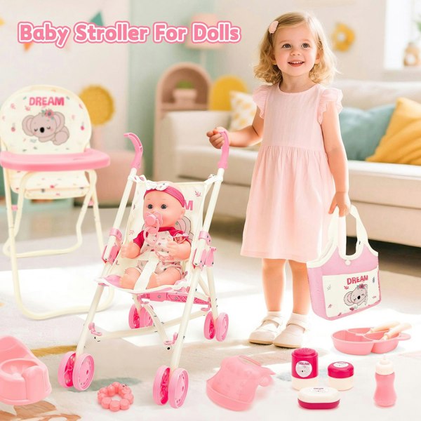 deAO Toys 24-Piece Baby Doll Care Playset – Includes Stroller, High Chair, Travel Cot, Feeding Accessories & Realistic Doll for Kids 3+