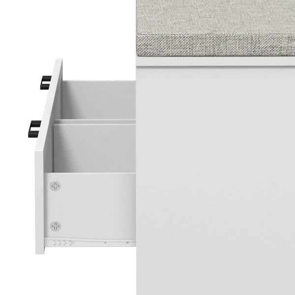 White shoe storage bench open drawer side view with interior compartment