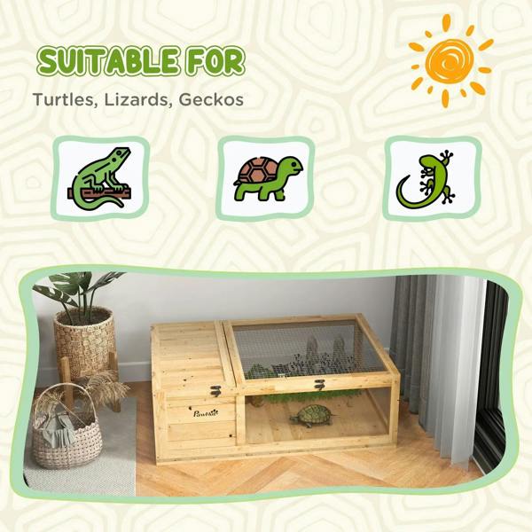 Small wooden terrarium-style reptile house with mesh roof, suitable for turtles and lizards.