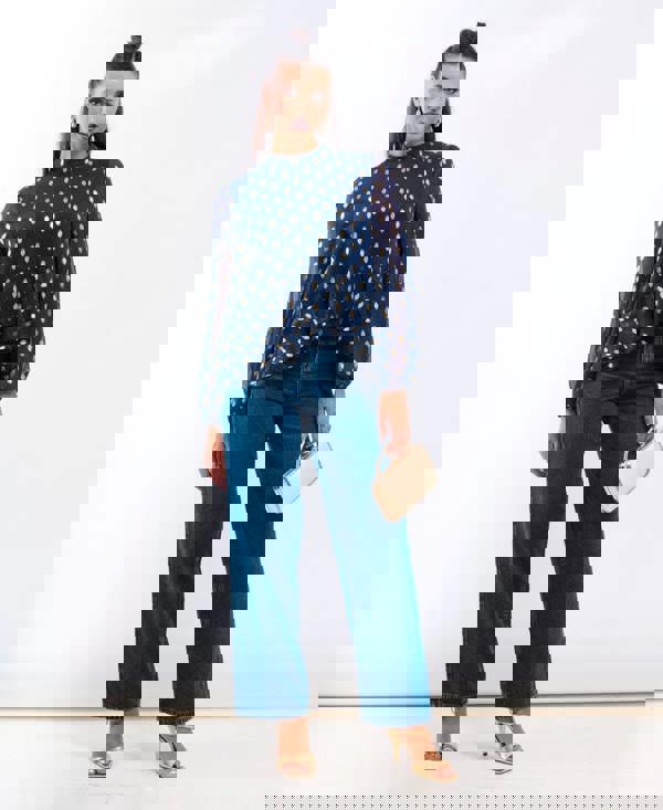 Needs No Label Navy Foil Ruffle Blouse