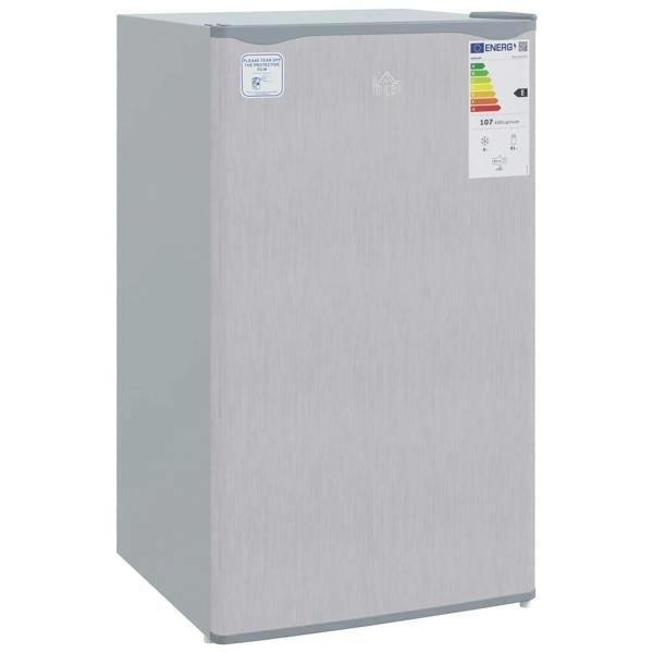 Grey freestanding under-counter fridge freezer, smooth side view with top door edge