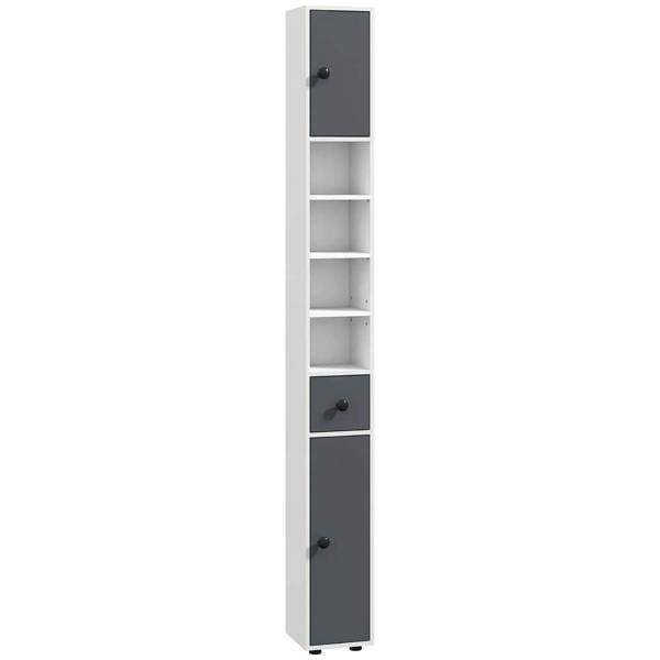Slim grey bathroom cabinet with shelves and cupboard doors, front view