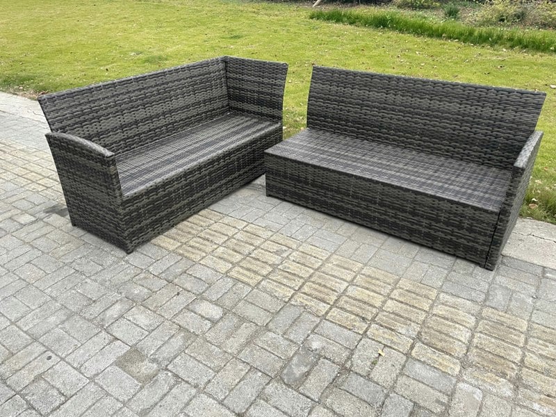 Fimous 8 Seater Rattan Garden Furniture High Back Corner Sofa Gas Fire Pit Dining Table Sets Gas Heater with 2 Big Footstool Dark Grey Mixed