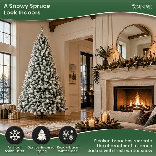 Flocked Woodcote Spruce Christmas Tree 2.4m – Snow Effect Tree with 1296 Tips, Hinged Branches & Metal Stand