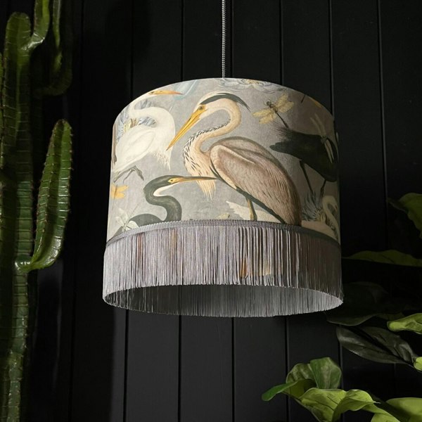 The Tranquil Bird Song Heron Lampshade With Fringing