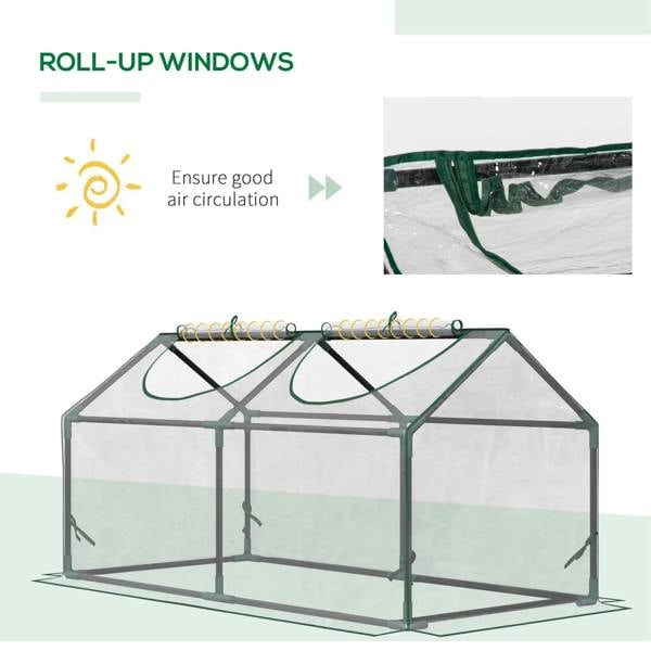 Mini greenhouse with roll-up window panels for ventilation