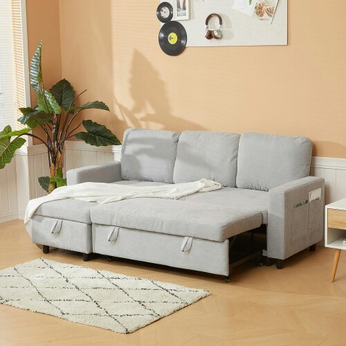Wyld Haus Tafaha Light Grey Pull Out Sofa Bed With Storage and Side Pockets