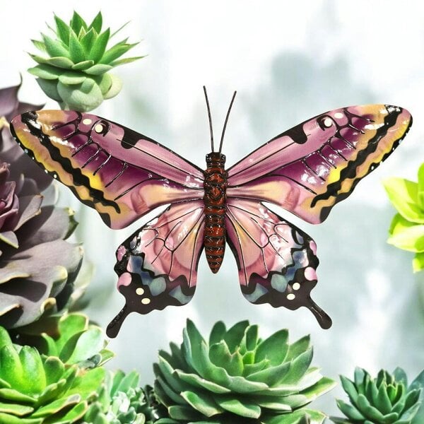 EDH Door Hardware Medium Metal Pink Butterfly Wall Art – 24 x 37 x 1 CM | Hand-Painted 3D Butterfly Decoration | Weatherproof Metal Wall Décor