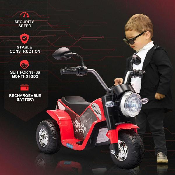 Red three-wheel kids electric motorbike with front headlights and child rider