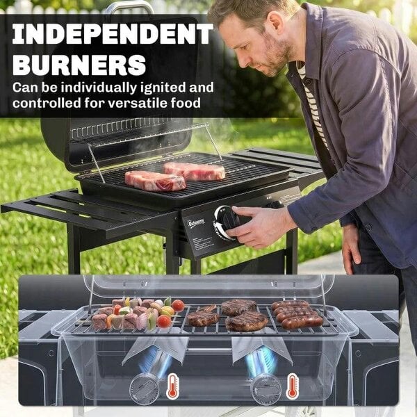 Bobobiy Gas Burner Barbecue Grill, 2 Burner Gas Grill with Side Tables, Warming Rack, Shelf, Thermometer, Grease Tray, Black
