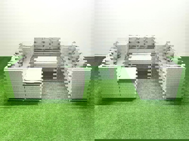 Fimous Rattan Garden Outdoor Furniture Set 10 Seater Garden Sofa Oblong Coffee Table Set with Big Footstool Side Table Light Grey Mixed