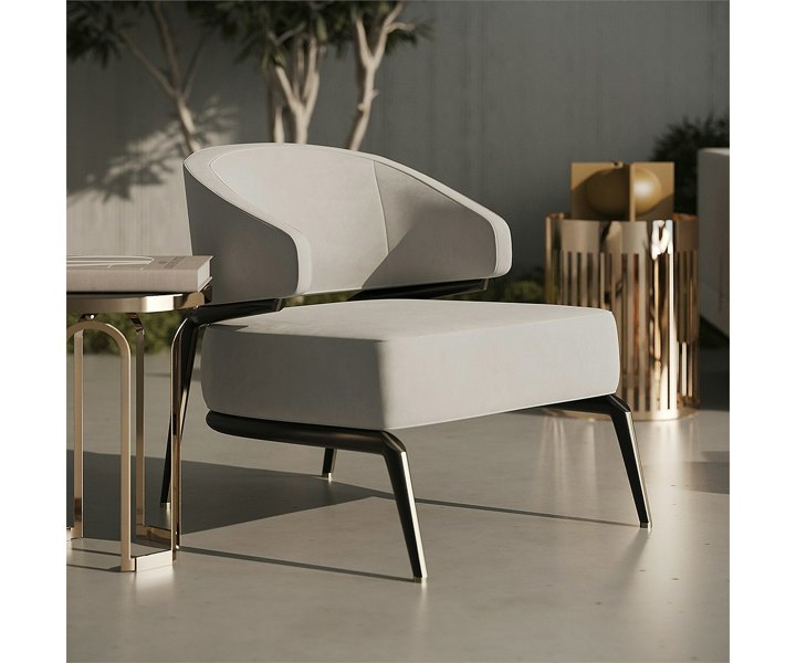 Comfortable seating Haines armchair with modern style, black stained oak wood, and brass accents.
