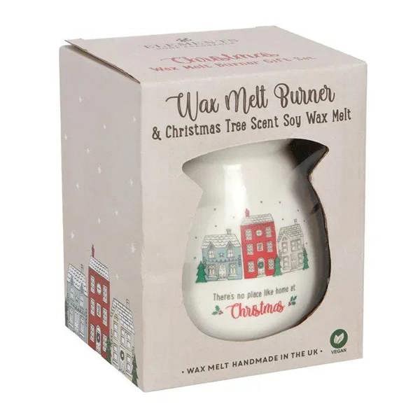 Wax melt burner gift set box with Christmas town illustration and pine icon