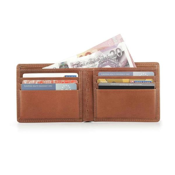 Men’s brown leather bifold wallet open showing card slots and note
