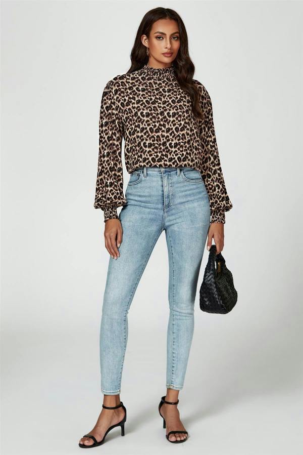 FS Collection Leopard Print Long Sleeve High Neck Blouse In Brown