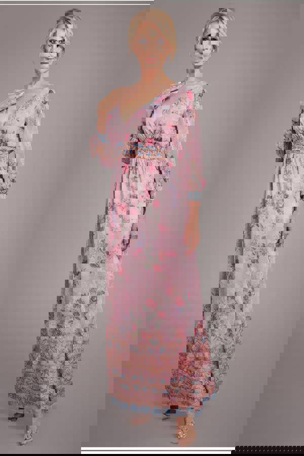 Chiffon Wrap Border Floral Print Maxi Dress - Pink DR4394M