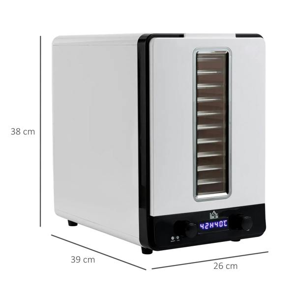White 11-tray food dehydrator with front window and black control panel, size view