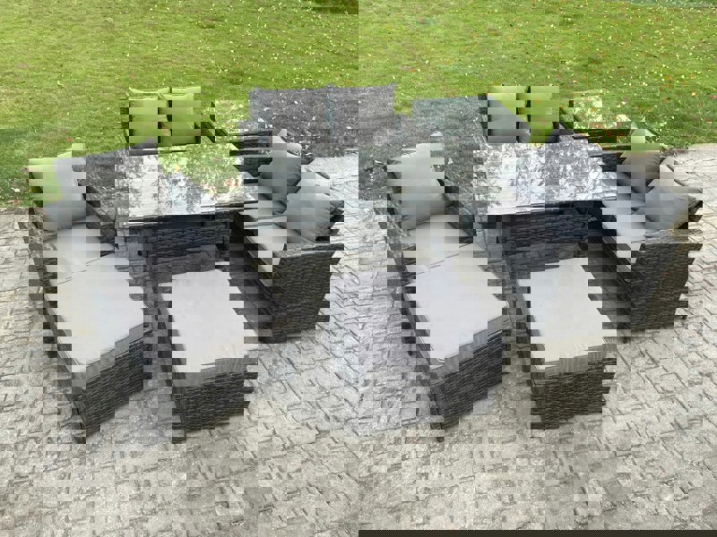 Fimous Outdoor Garden Dining Set - Dark Grey Mixed PE Wicker Rattan Sofa with Rectangular Dining Table & 2 Big Footstools