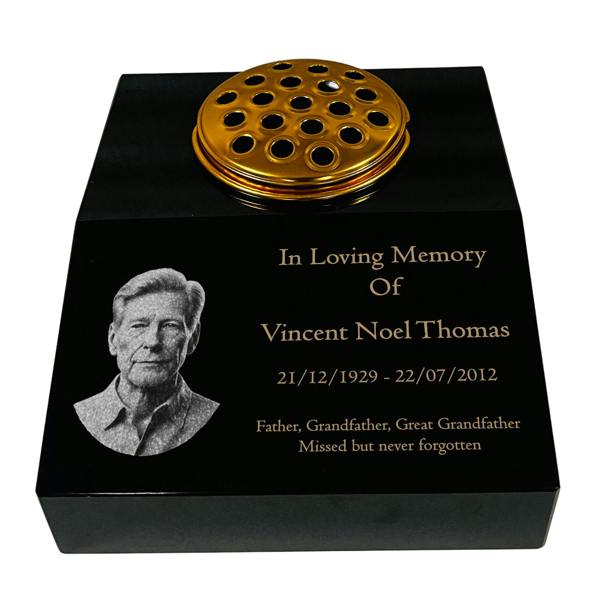 Memorials Direct Black Granite Sloping Memorial Desk with Vase Engraved Photo Free Gold Engraving