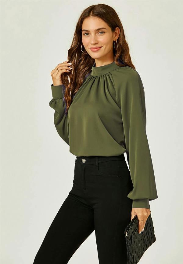 FS Collection Halter Neck Blouse Top In Khaki Green
