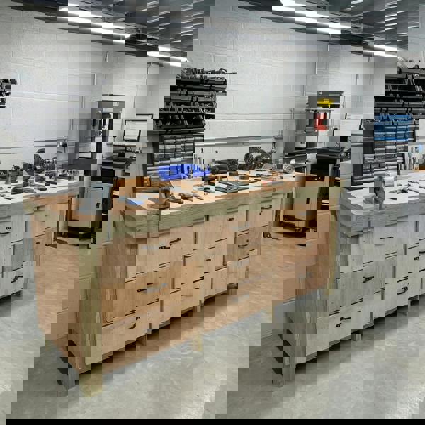 Wooden eucalyptus Top Workbench – Sturdy Tool Cabinet with Multiple Drawers for Organized Storage, Ideal for Dry Indoor Spaces Such as Garages, Workshops, and Studios