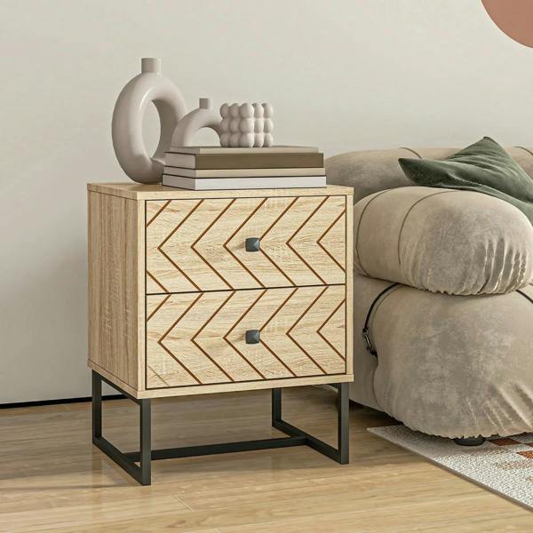 Natural wood bedside table with two drawers, zigzag front panels and black metal handles