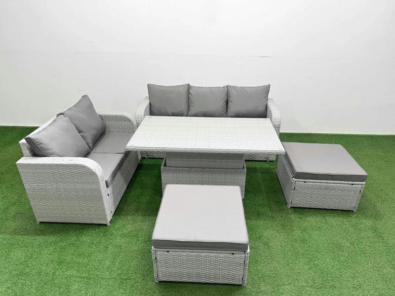 Fimous 7 Seater Garden Sofa Set, PE Rattan Wicker, Adj Height Table, 3 Seater Sofa, Love Sofa and 2 Big Footstools, Light Grey