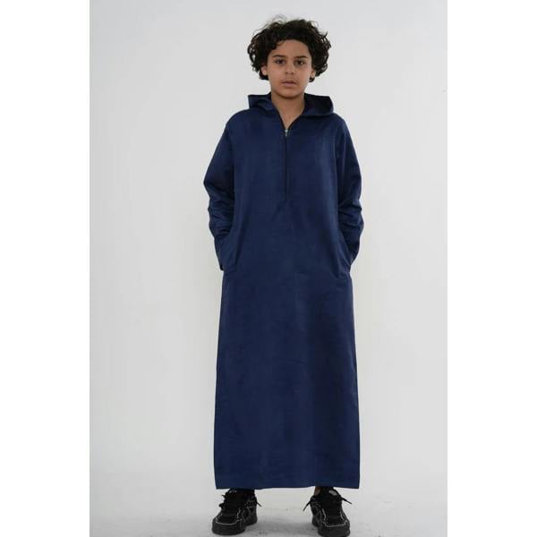HM12 - Boy's Hooded Suede Emirati Omani Zipped Thobe - Navy - Thobez - 4