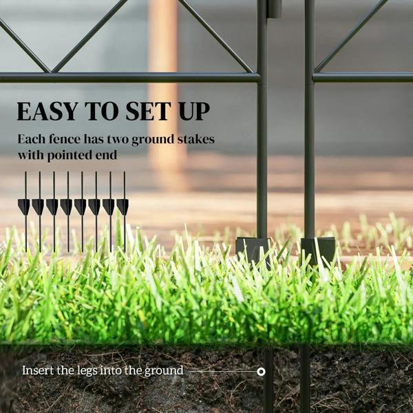 Black metal fence panel with pointed ground stakes and base legs for garden edging