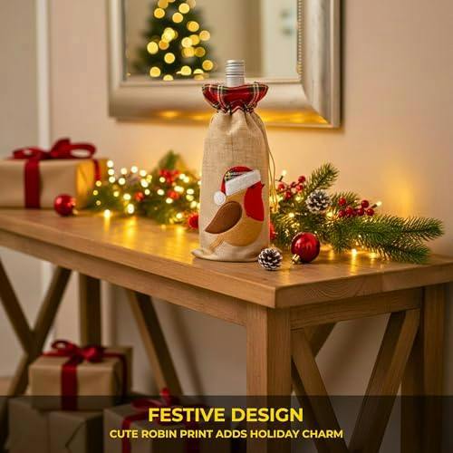 15 x 35 cm Christmas Wine Bottle Cover Bag with Drawstring, Festive Robin Printed Design image 5