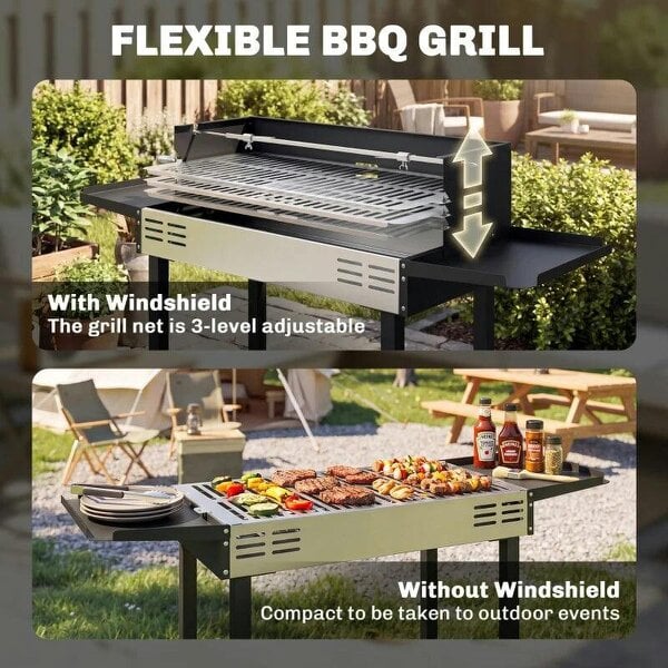 Bobobiy BBQ Rotisserie Grill Roaster Charcoal Spit Roasting Machine for Chicken Turkey with 3-Level Grill Grate, Side Shelves