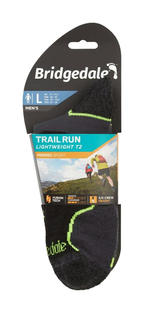 Bridgedale Mens Trail Run Lightweight T2 Merino Sport 3/4 Crew Socks Black