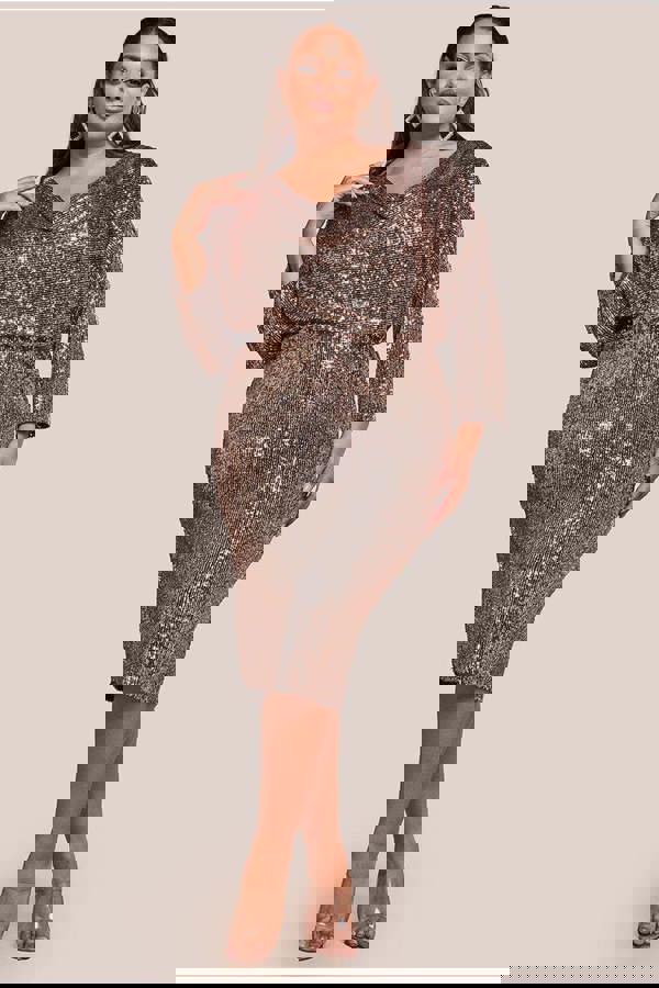 Sequin Cowl Neck Midi Dress - Champagne DR3321P