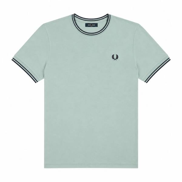 Silver blue Fred Perry cotton t-shirt with dark airforce twin tipped collar and cuffs and embroidered laurel wreath.