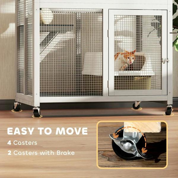White cat outdoor enclosure on casters with wire mesh doors and sliding compartment areas