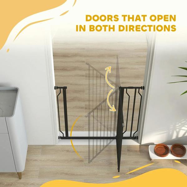 Black pressure-mounted dog safety gate with swing opening in both directions