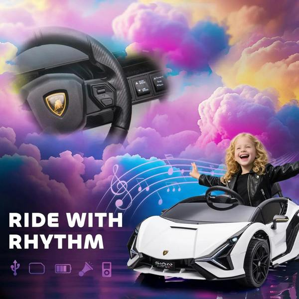 Kids electric ride-on car with large steering wheel and child celebrating nearby.