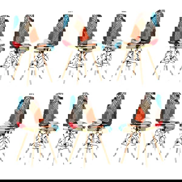 Life Interiors Set of 6 Colorful Patchwork Accent Chairs with Wooden Legs and Metal Wire Frame Mid-Century Modern Dining Chair