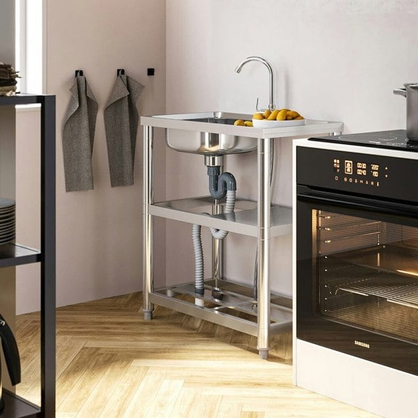 Stainless Steel One Compartment Sink with Shelves and Drainboard Living and Home