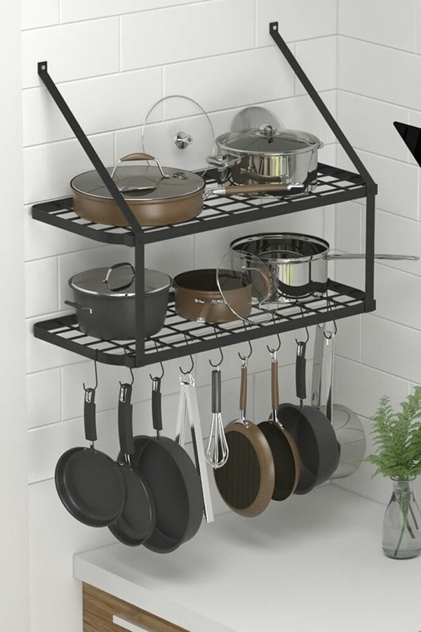 Living and Home 2 Tiers  Wall-Mounted Pan Rack Shelf Pot Holders Storage Drainer with 10 Hooks