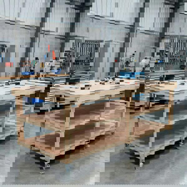 Arbor Garden Solutions Wooden Workbench Eucalyptus Hardwood Top Depth-4ft Double Shelf and Wheels