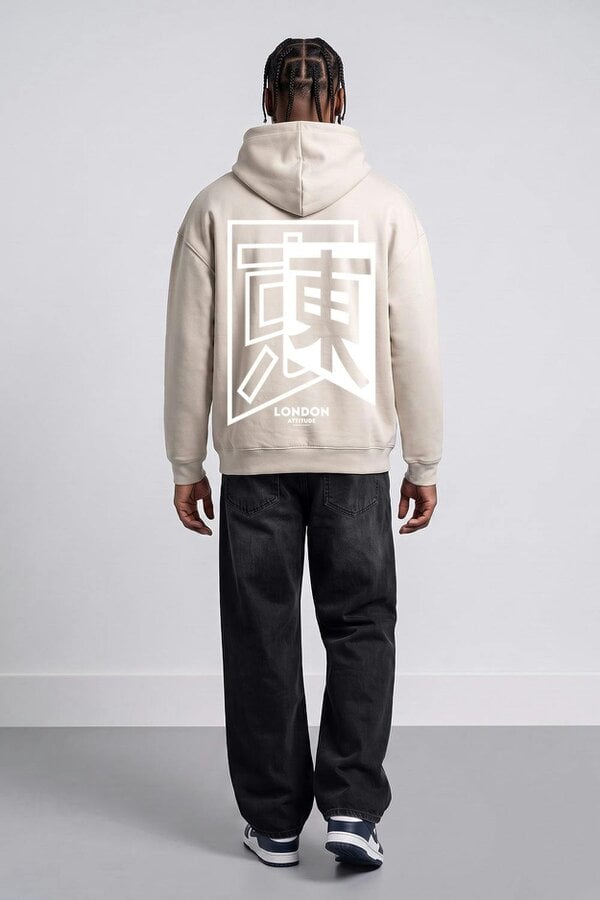 London Attitude Relaxed Fit Japanese Inspired  Graphic Hoodie - Stone